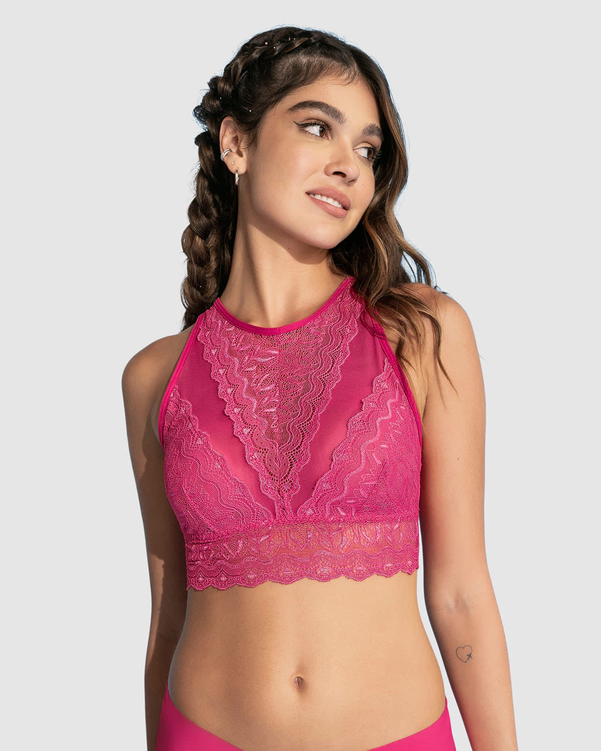  High-neck Unlined Lace Crop Top Wireless Bralette