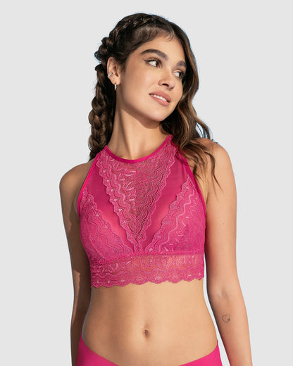  High-neck Unlined Lace Crop Top Wireless Bralette