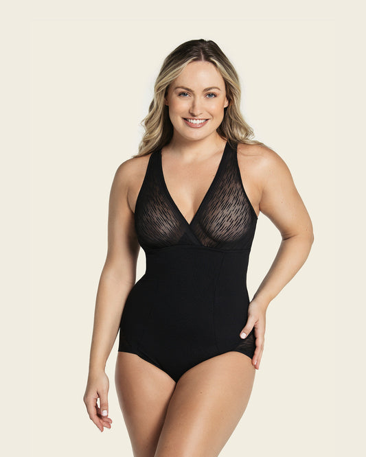  Sheer Stripe Detail Sculpting Bodysuit