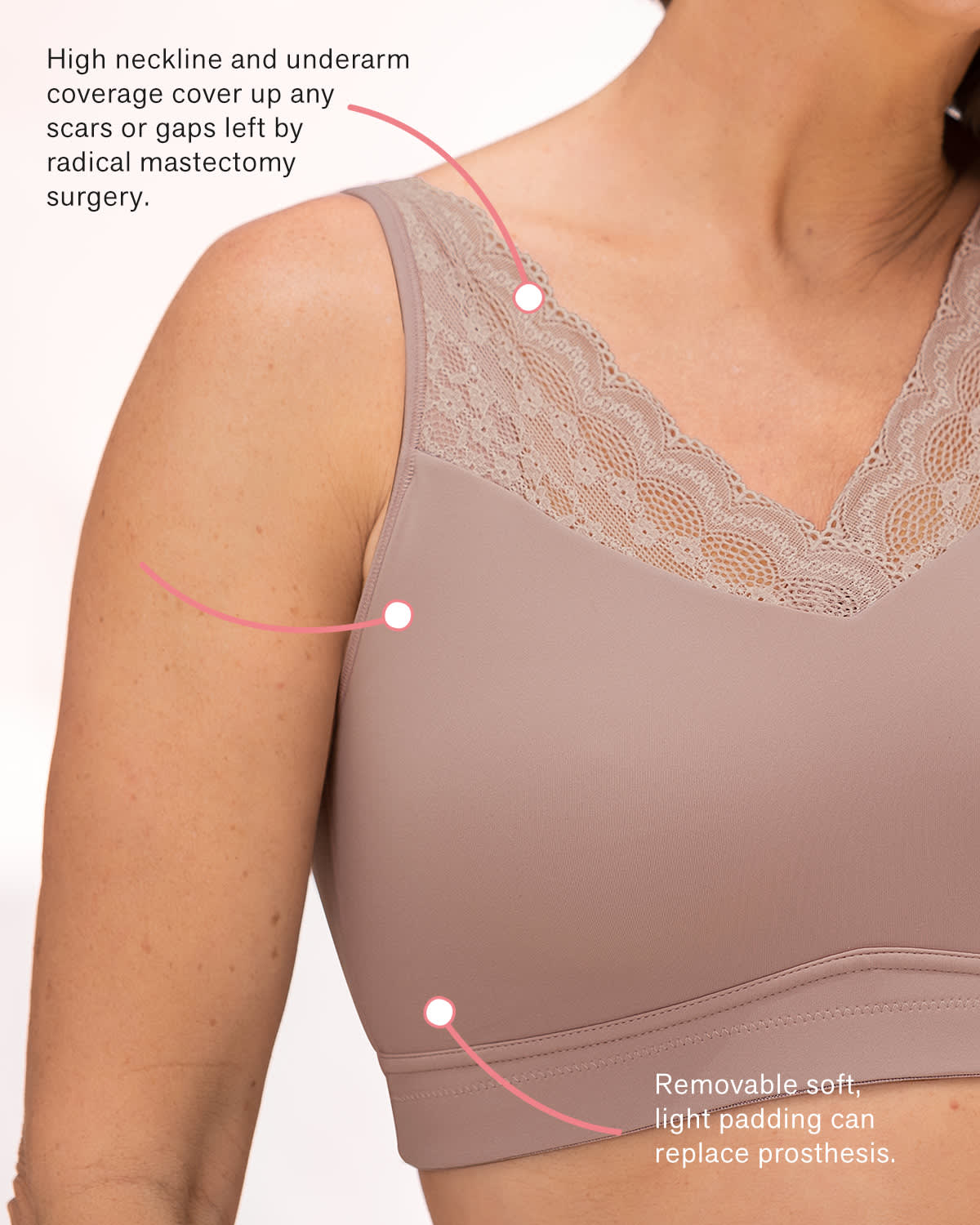  Pocketed Mastectomy Bra Wireless Lace Removable Padding