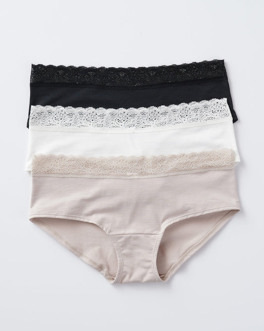  3-Pack Lace Trim Hipster Knickers In Stretch Cotton