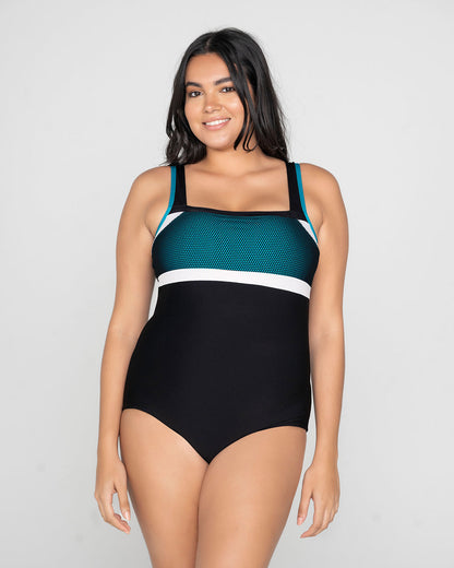  Sporty Color Block One-Piece Slimming Swimsuit Back Cutout
