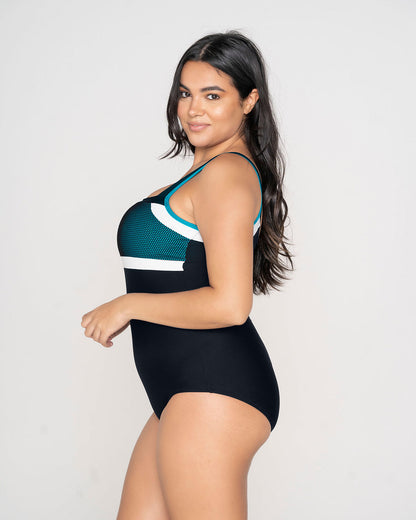  Sporty Color Block One-Piece Slimming Swimsuit Back Cutout