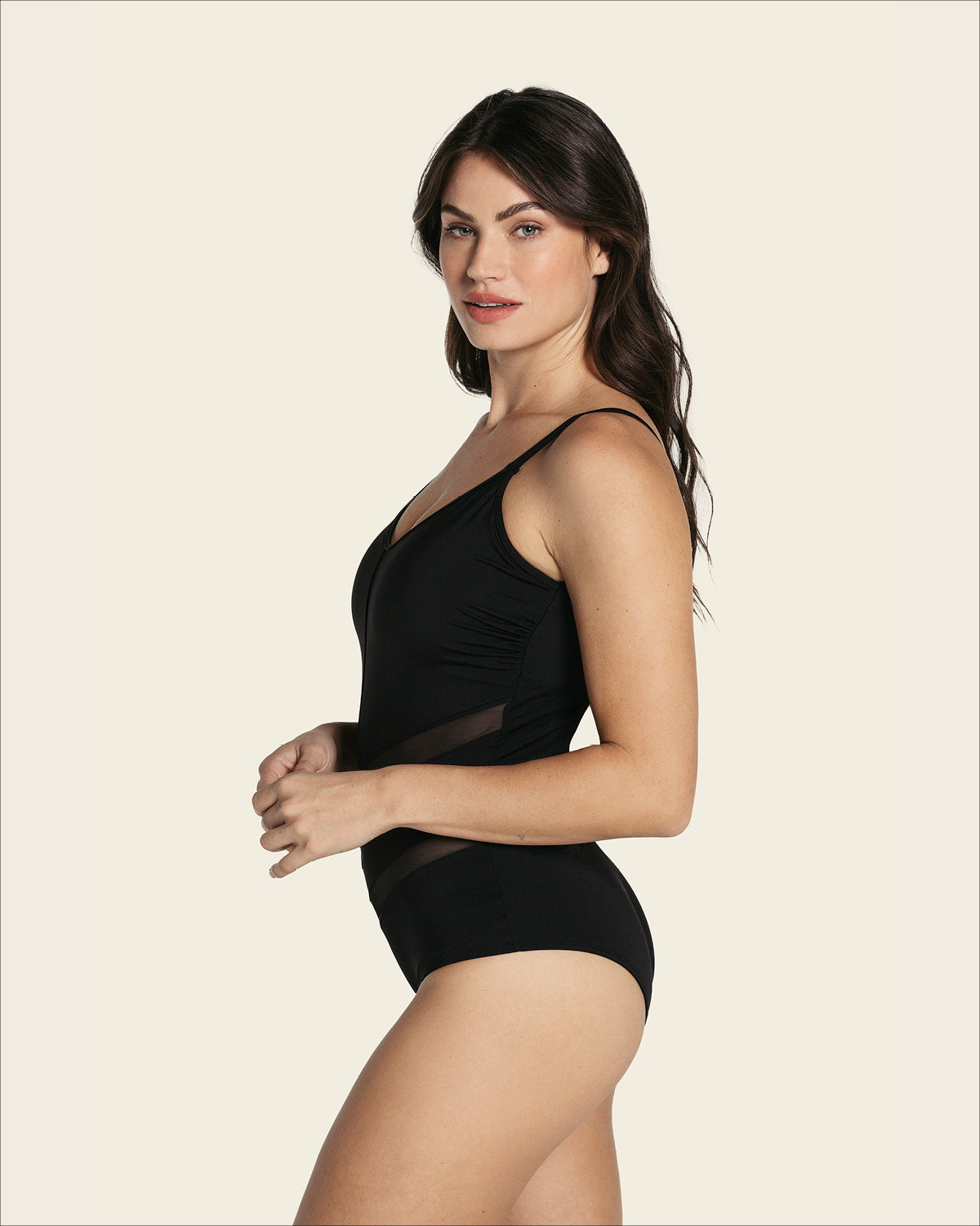 Geometric Tulle One-Piece Slimming Swimsuit