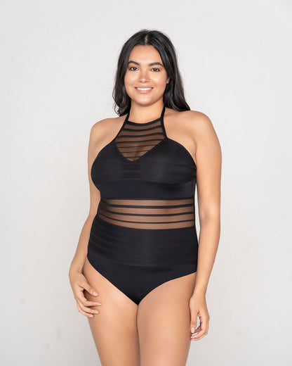  One-Piece Striped Mesh Overlay Slimming Swimsuit