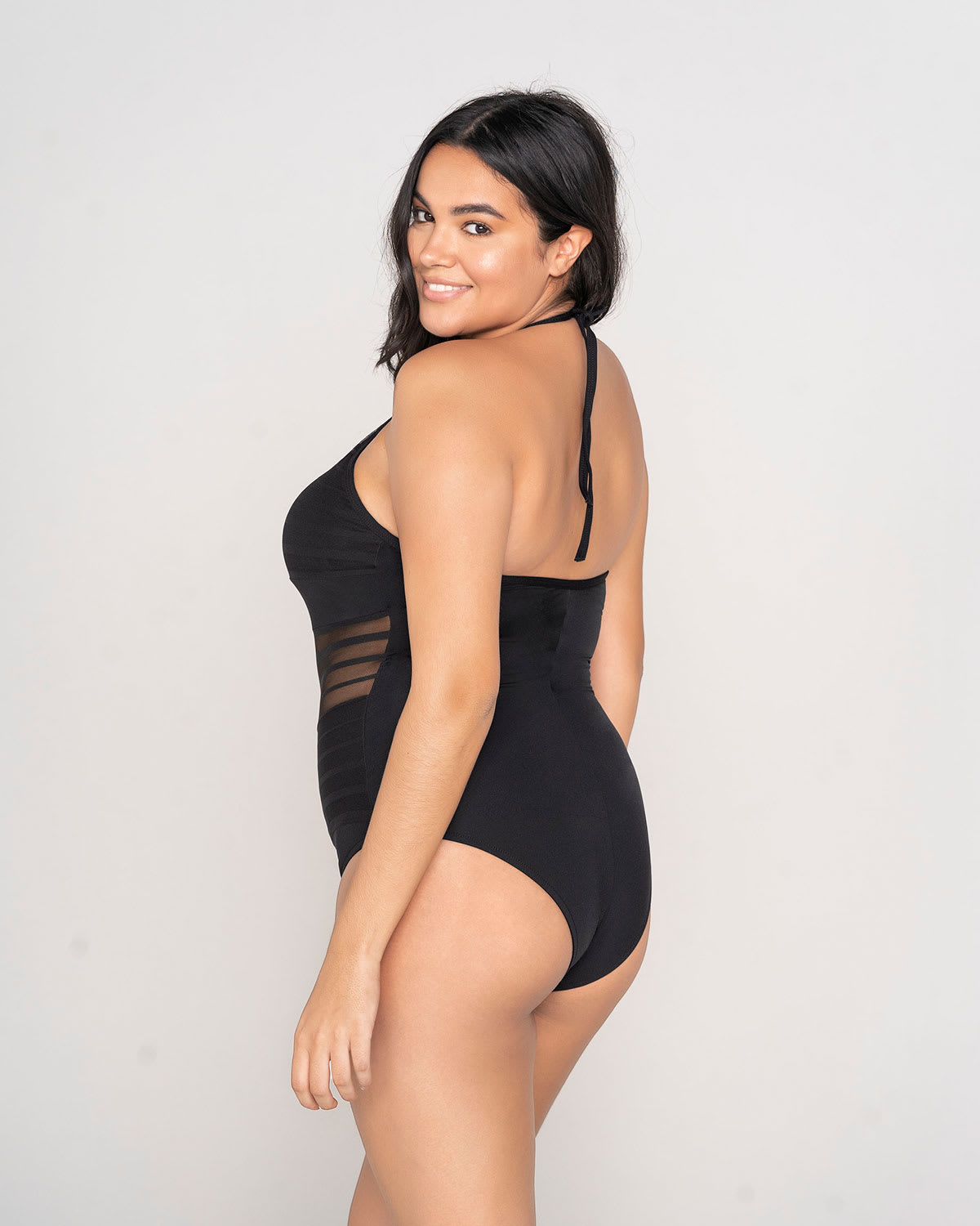  One-Piece Striped Mesh Overlay Slimming Swimsuit