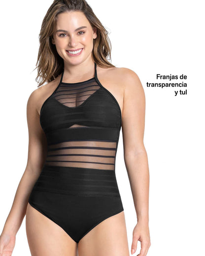  One-Piece Striped Mesh Overlay Slimming Swimsuit