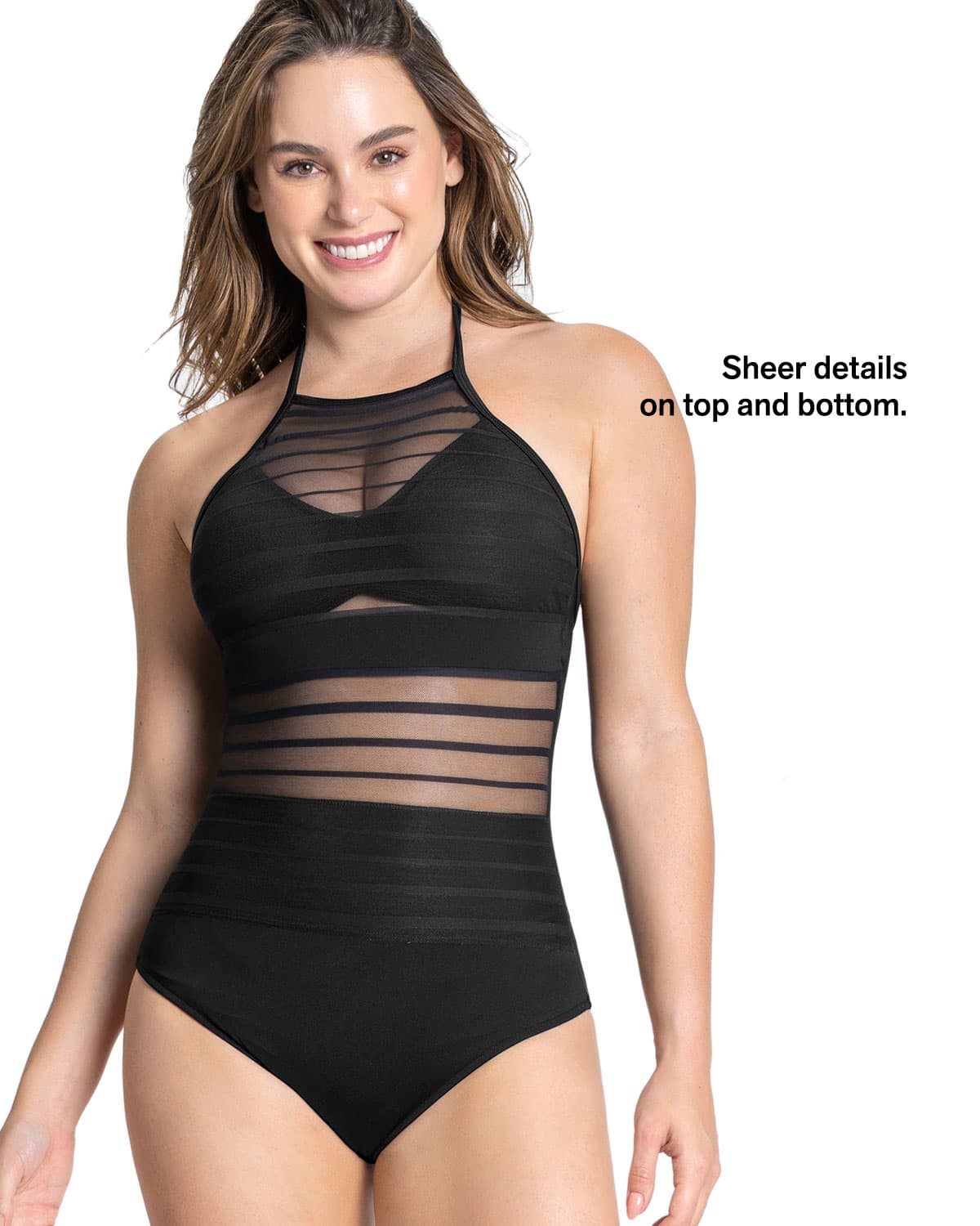  One-Piece Striped Mesh Overlay Slimming Swimsuit