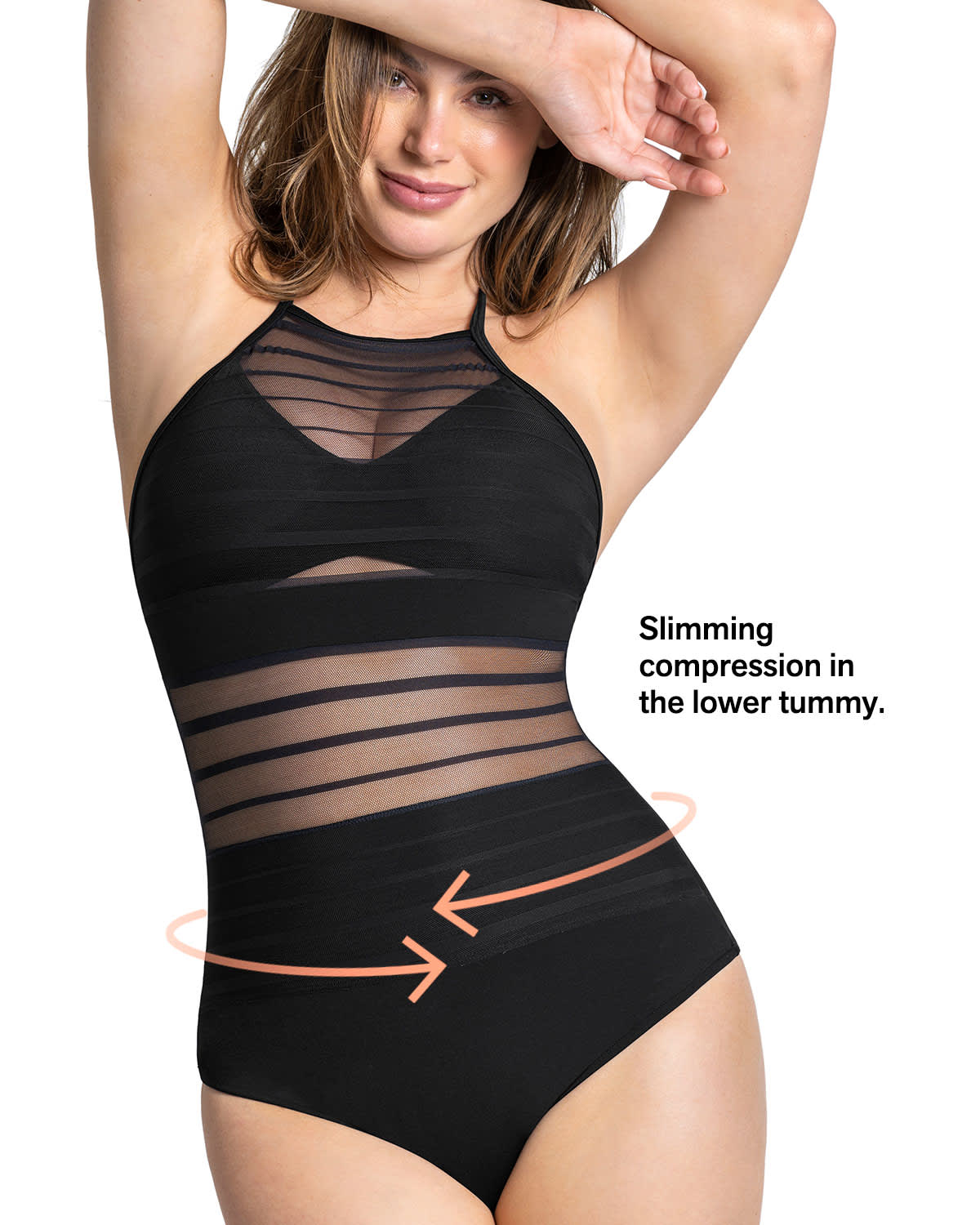  One-Piece Striped Mesh Overlay Slimming Swimsuit