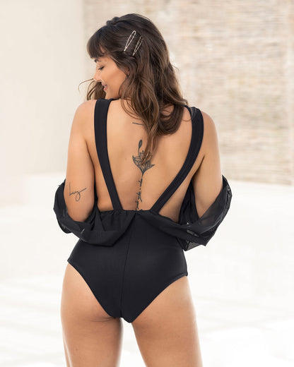  Swimsuit With Interior Bodysuit And Draped Sleeves
