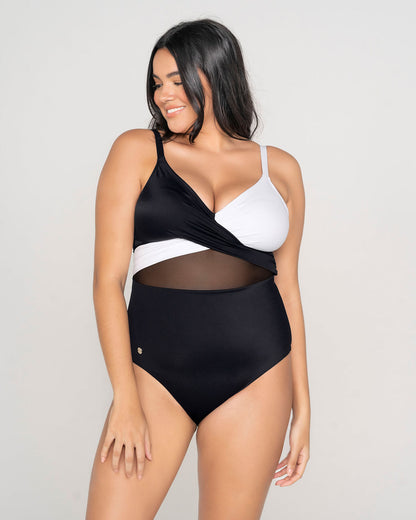  Cross-Front Contrast Graphic One-Piece Slimming Swimsuit