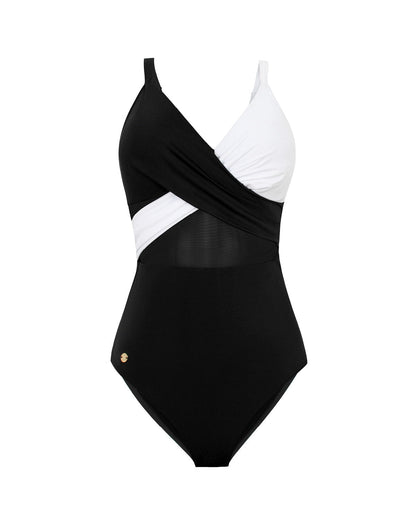  Cross-Front Contrast Graphic One-Piece Slimming Swimsuit
