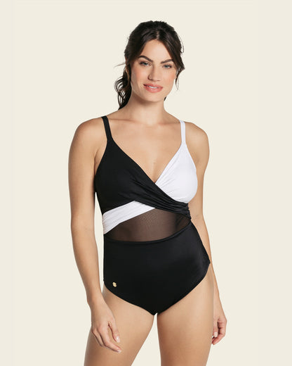  Cross-Front Contrast Graphic One-Piece Slimming Swimsuit