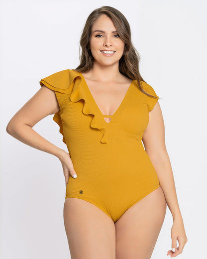  Ribbed One-Piece Slimming Swimsuit With Ruffles