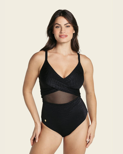  Slimming One Piece Swimsuit With Tulle And Draped Details