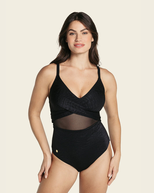 Slimming One Piece Swimsuit With Tulle And Draped Details