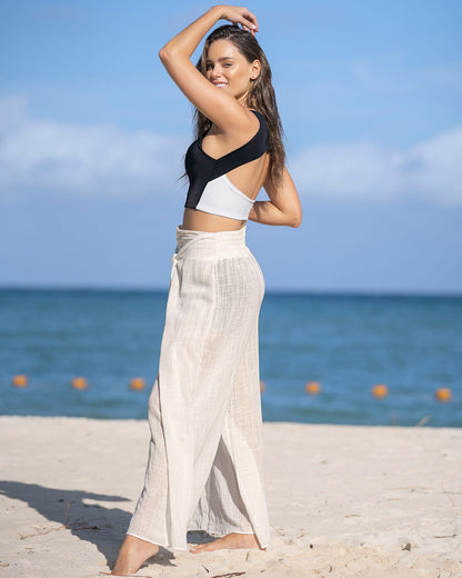  Two Piece Swimsuit With Color Block Top And Crossover Waistband Short